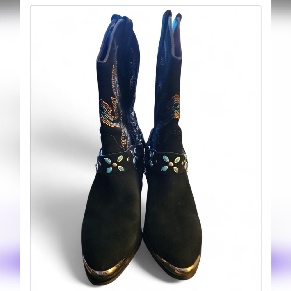 Vintage Dingo Boots Womens 8 Victoria Cowboy Suede Leather Chain Western Black - Picture 3 of 13